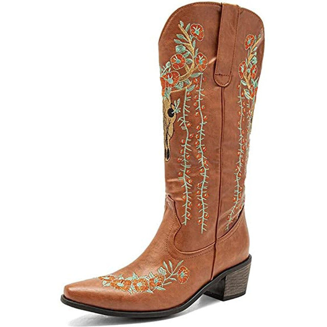 2022 New Cowgirl Boots Western Pointed Toe Chunky Vintgae Wedding Western Mid Calf Boots