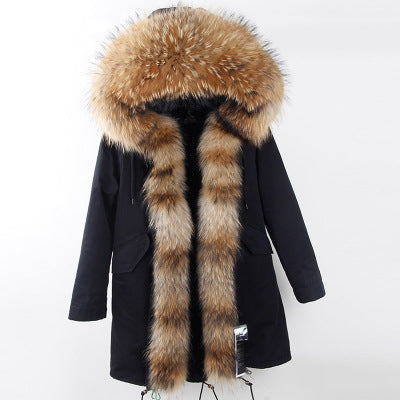 Winter Super warm real fur coat big raccoon fur collar hooded parkas thick outerwear