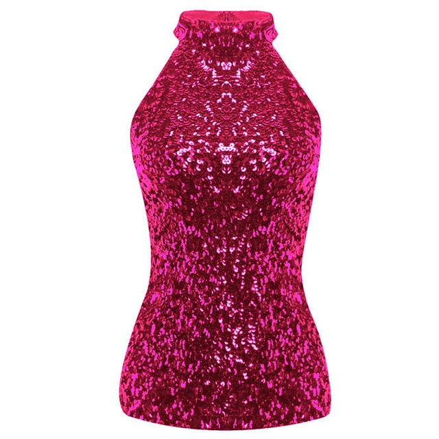 ASHORESHOP Glitter Sequins Women Fashion Shimmer Halter Neck Sleeveless Vest