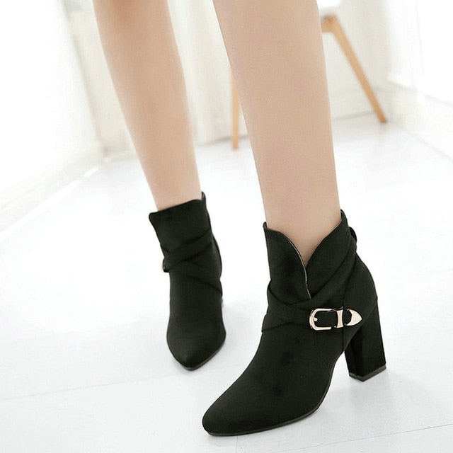 women ankle boots square heel and pointy toe