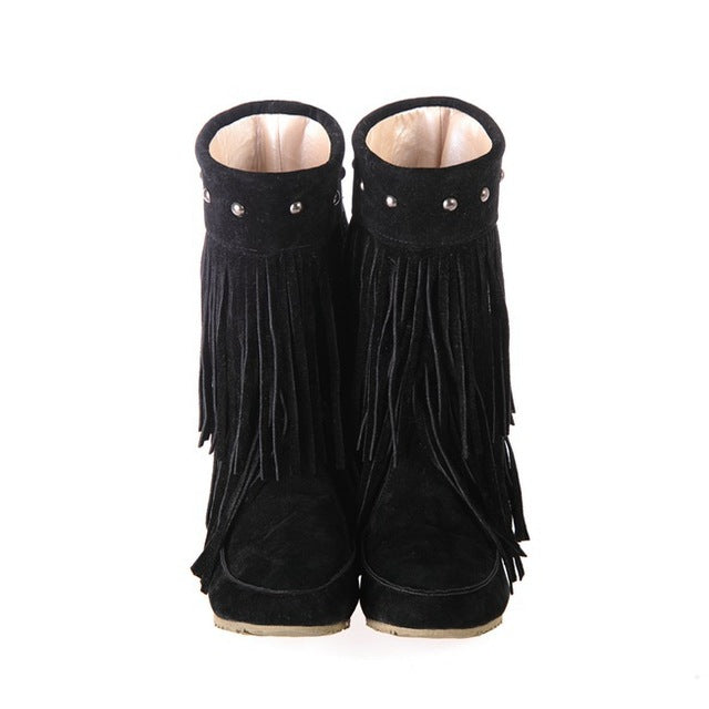 Womens 2 Layer Fringe Tassels Flat heel Half knee Western Boho Boots