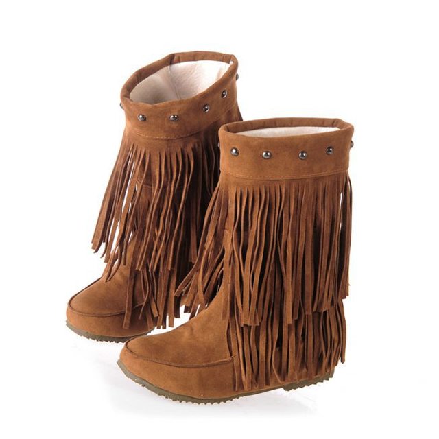 Womens 2 Layer Fringe Tassels Flat heel Half knee Western Boho Boots