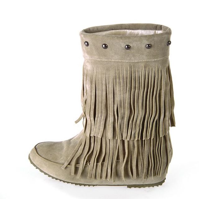 Womens 2 Layer Fringe Tassels Flat heel Half knee Western Boho Boots