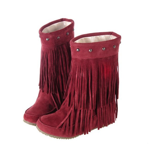 Womens 2 Layer Fringe Tassels Flat heel Half knee Western Boho Boots