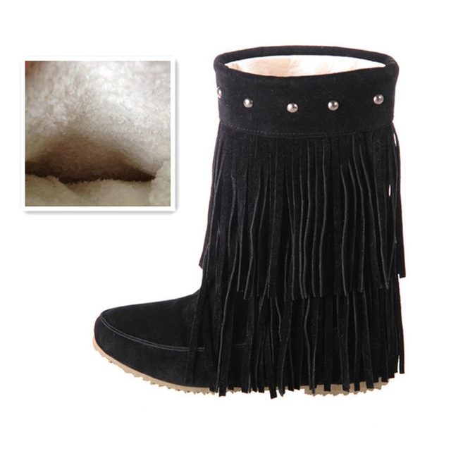 Womens 2 Layer Fringe Tassels Flat heel Half knee Western Boho Boots