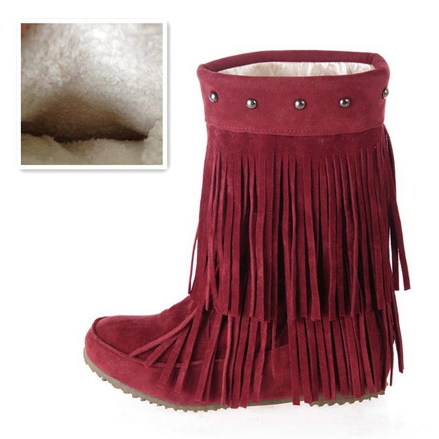 Womens 2 Layer Fringe Tassels Flat heel Half knee Western Boho Boots