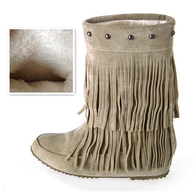 Womens 2 Layer Fringe Tassels Flat heel Half knee Western Boho Boots