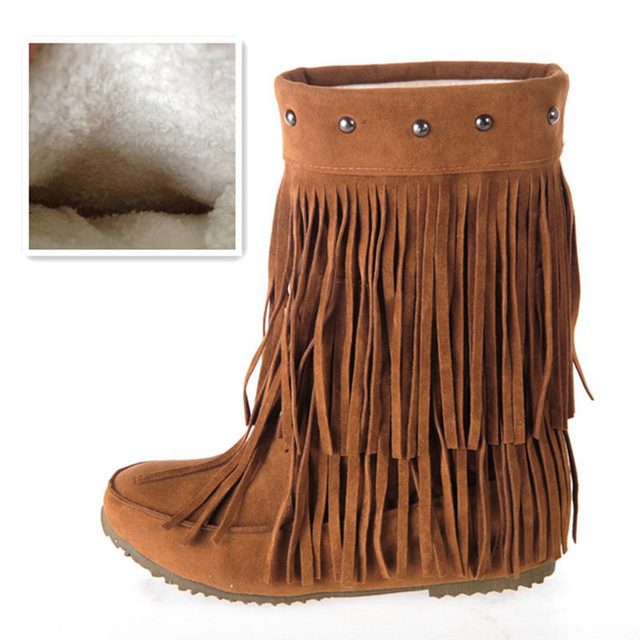 Womens 2 Layer Fringe Tassels Flat heel Half knee Western Boho Boots