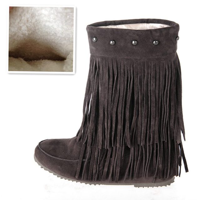 Womens 2 Layer Fringe Tassels Flat heel Half knee Western Boho Boots