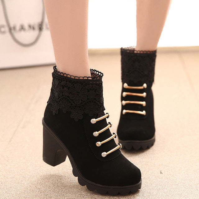 Hot Women PU Pattern Ankle Boots shoes Sexy Lace Cuff Thick Heel