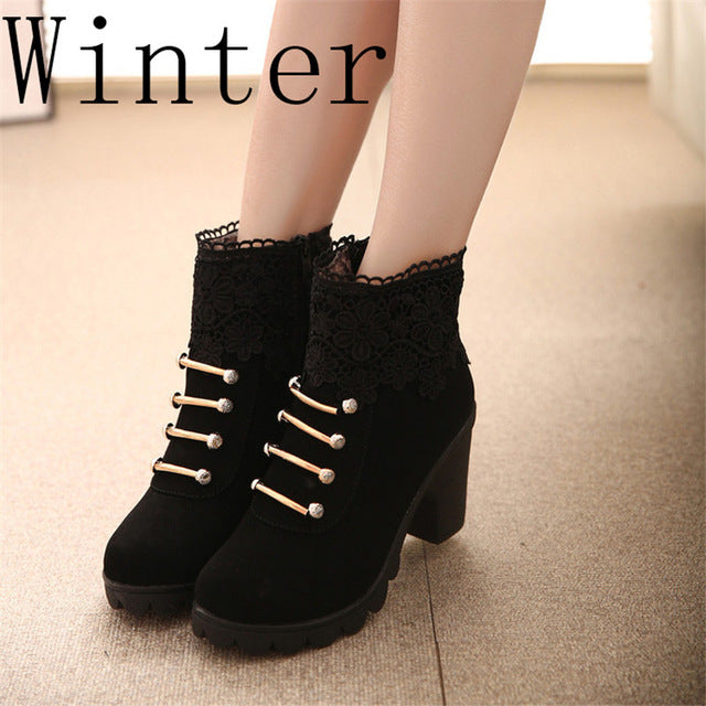 Hot Women PU Pattern Ankle Boots shoes Sexy Lace Cuff Thick Heel