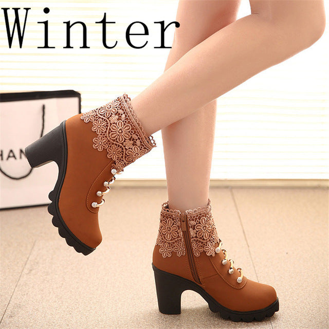 Hot Women PU Pattern Ankle Boots shoes Sexy Lace Cuff Thick Heel