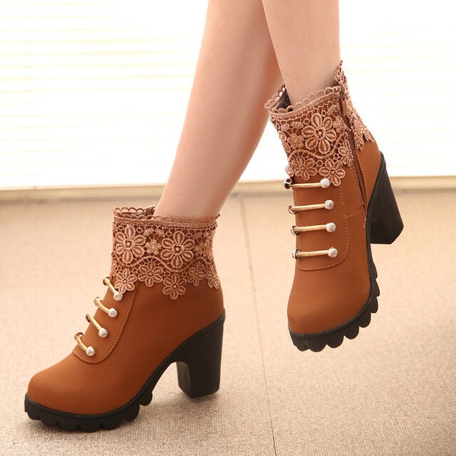 Hot Women PU Pattern Ankle Boots shoes Sexy Lace Cuff Thick Heel