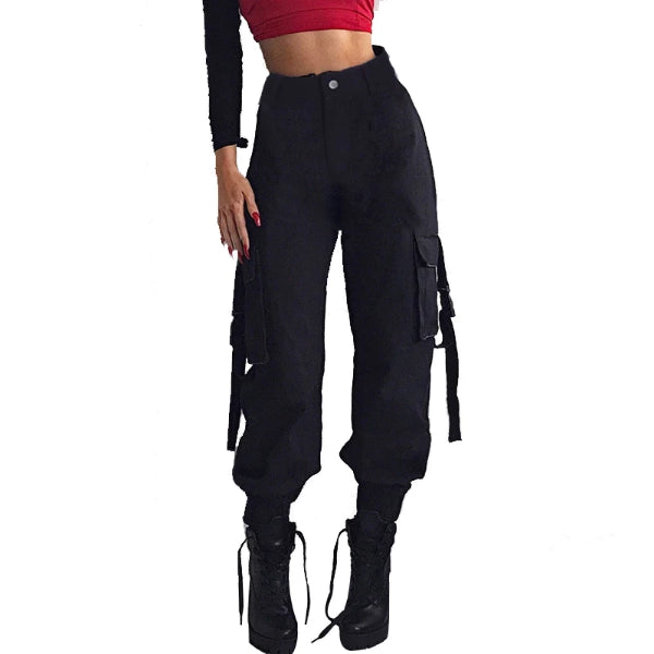 ASHORESHOP Women loose Cotton Pant Black High Waist Hip Cargo Pants