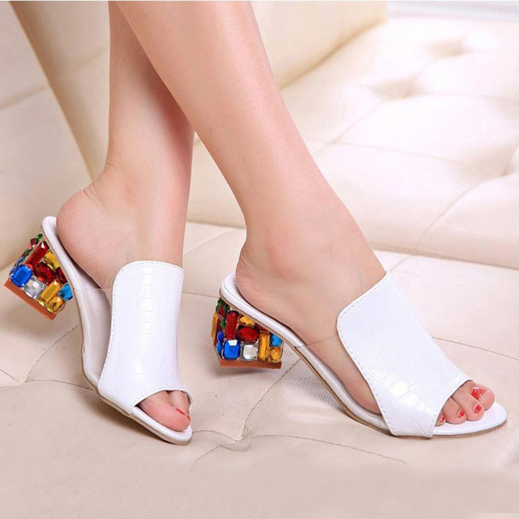 Women Chunky Heel Slipper Any Occasion 2019 brand large sizes 41 elegant crystals chunky Heels Casual summer shoes