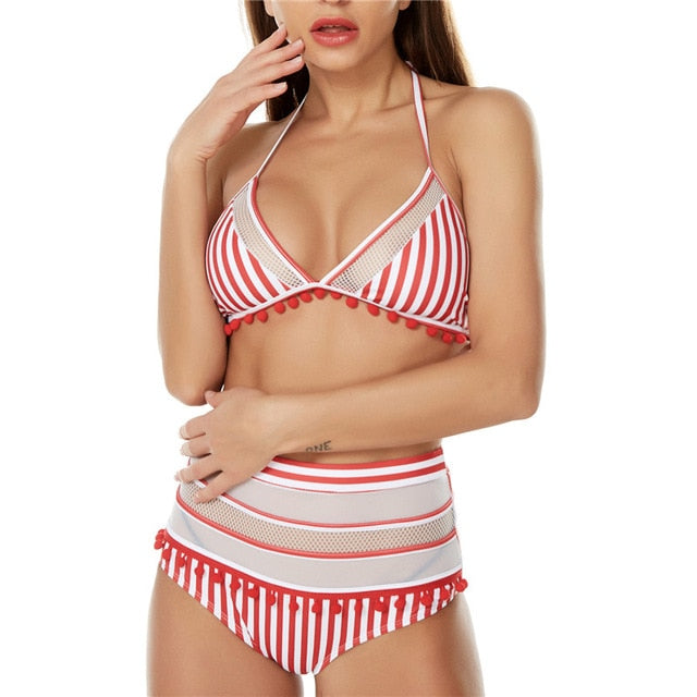 ASHORESHOP Women Vintage High Waist Bikini Sets with Pompom Decor