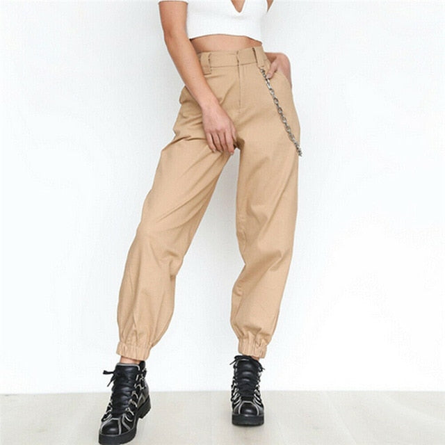 ASHORESHOP Black Khaki Women Casual High Waist Cargo Comfortable Roomy Pants