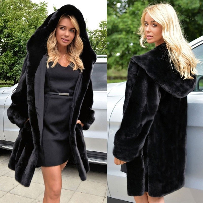 ASHORESHOP Plus Size Women's Loose Faux Fur Coat Long Hooded Black Color Fur Coat