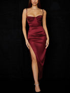 Prom Dresses Summer Satin Dress Split Spaghetti Strap Lining Underwire Padded Dress