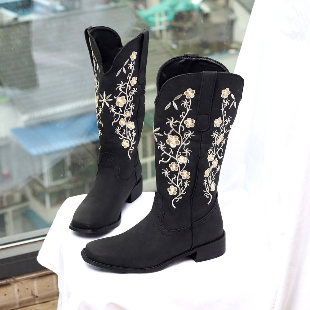 Western Floral Embroidered Western Boots Warm Cowgirl Ankle Boots