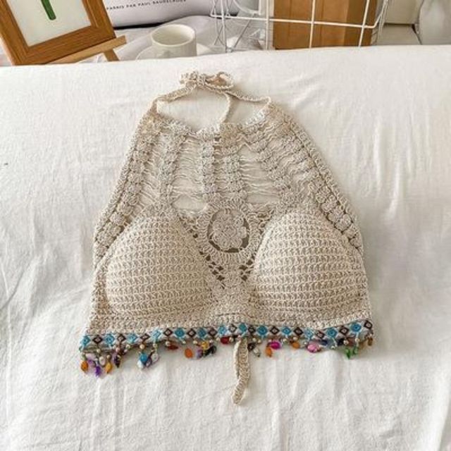 summer bead work crop tops women beach seaside cute tops woman crochet tank top