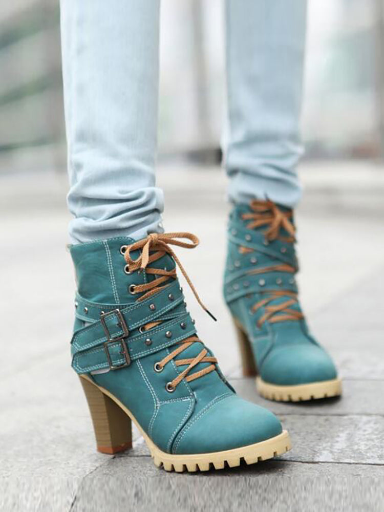 Punk Ankle Boots Womens Ethnic Lace up Buckle Belt Retro Ankle Boots