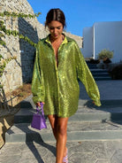 Women Mini V Neck Green Sequins Party Dresses Shirt Long Sleeve