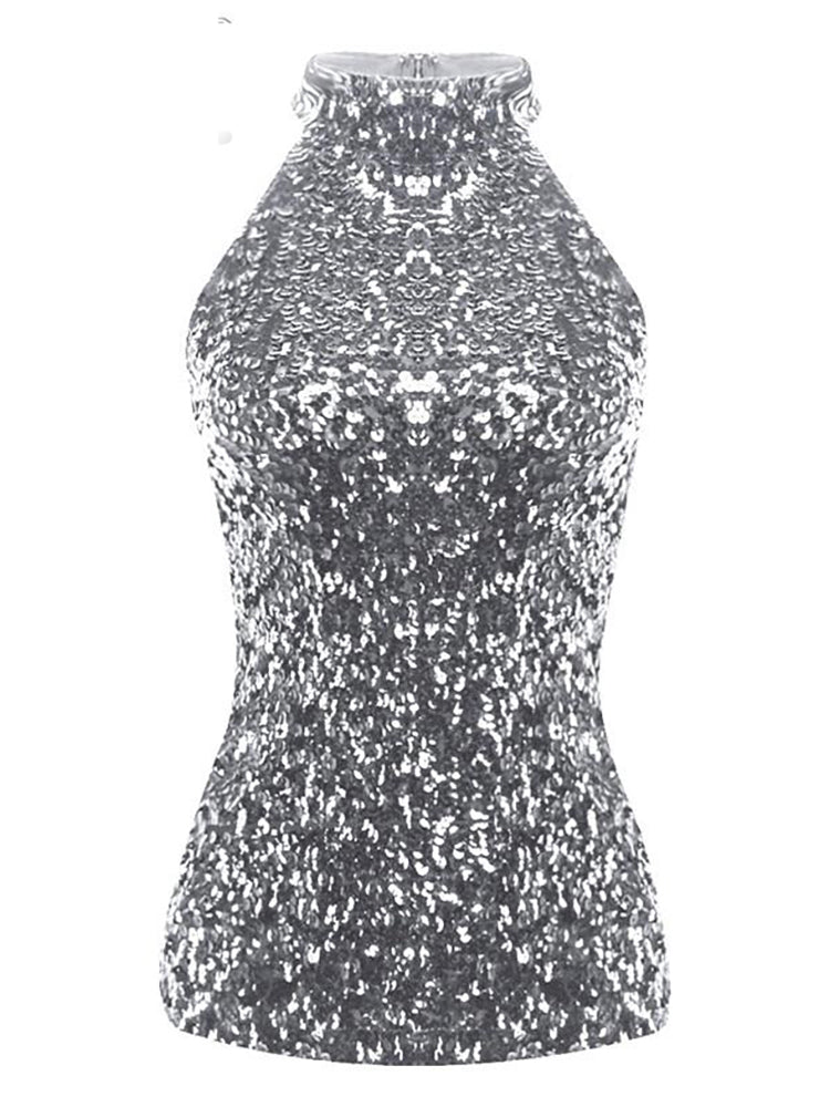 ASHORESHOP Glitter Sequins Women Fashion Shimmer Halter Neck Sleeveless Vest